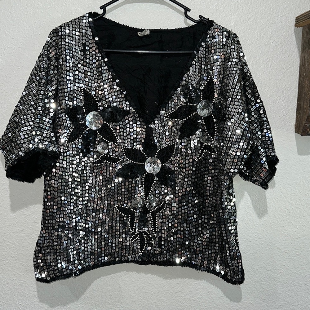 GUNIT Vintage Silk Beaded Sequin Floral Festival Top